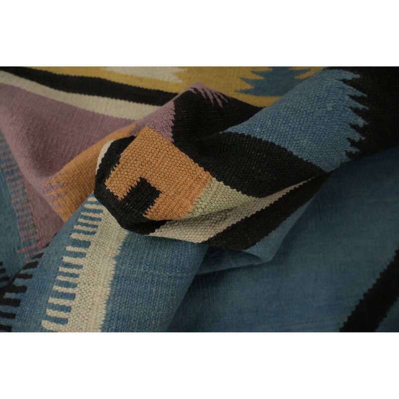 Hand Woven Oriental 100% Wool Carpet Southwestern Tribal Navy Blue & Blues Kilim Area Rug - 9' 8'' X 8' 3''