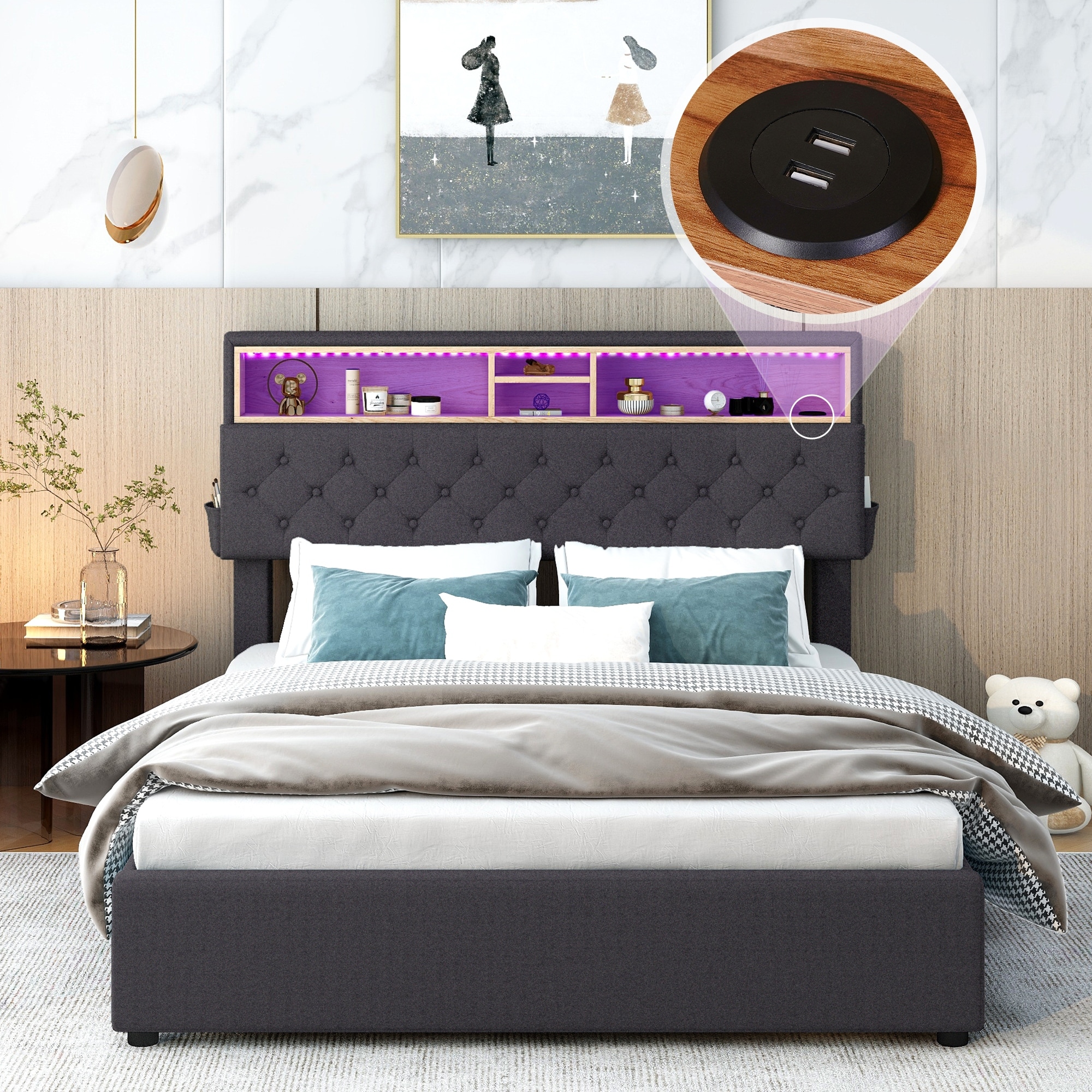 Full Upholstered Platform Bed with Storage Headboard LED USB