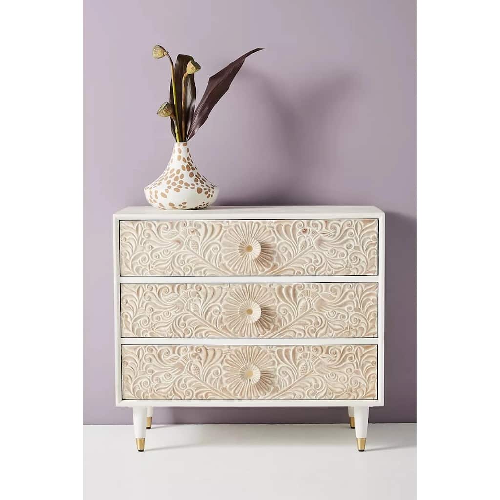 Bohemian Indian Hand carved Three Drawer Dresser