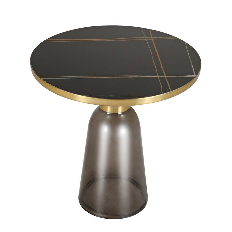 19-Inch Side Table Round Glass/Stone Tabletop End Table with Gold Iron Rim and Glass Base