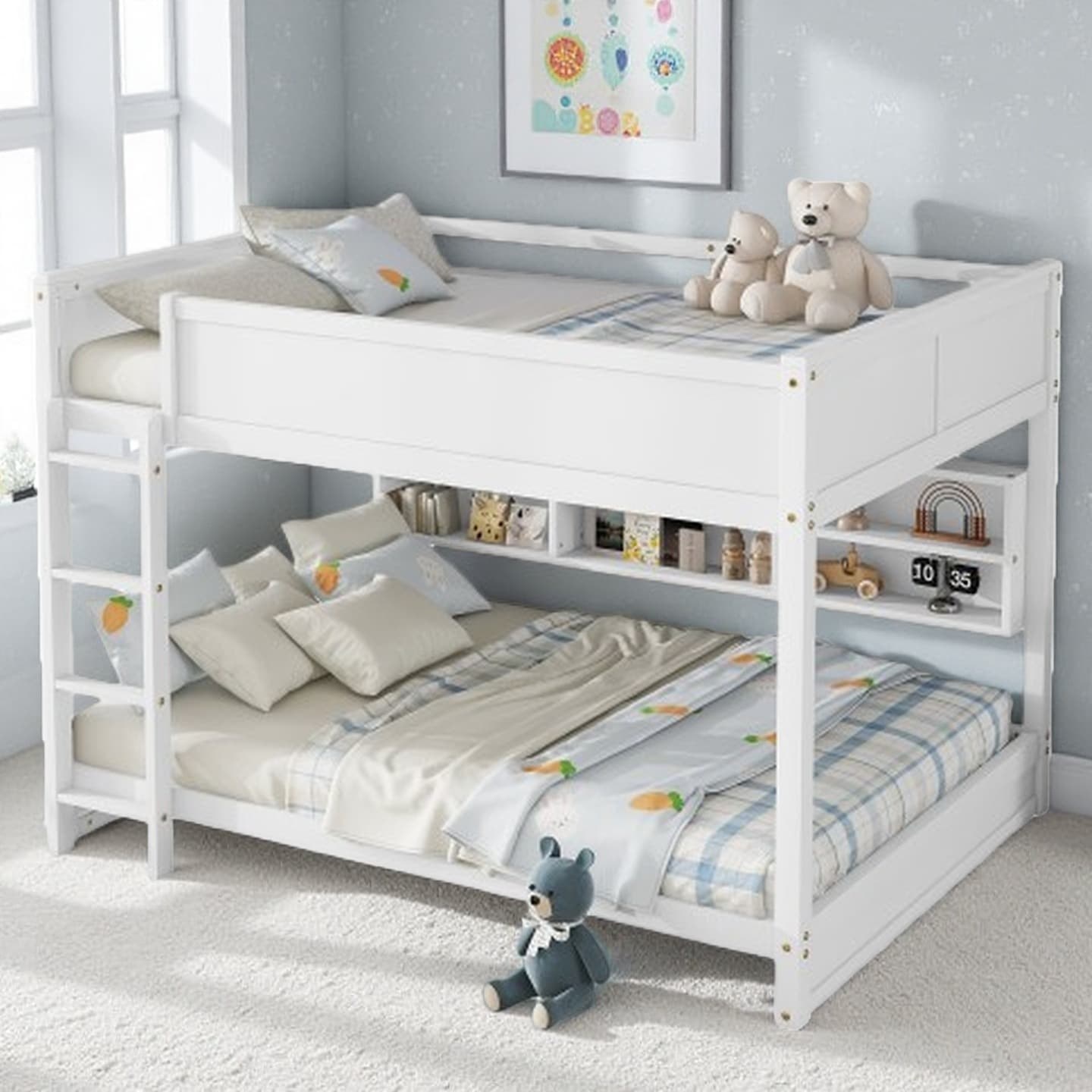 Queen Over Queen Bunk Bed with Integrated Storage Cabinets and Built-in Charging Station, Ladder and Safety Guardrails