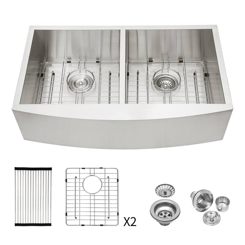 Farmhouse 16 Gauge Double Bowl Stainless Steel Kitchen Sink in Brushed Nickel