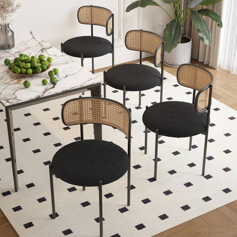 Mid-Century Modern Dining Chairs Upholstered Dining Chairs with Rattan Backs and Metal Legs, for Dining Rooms, 2-Piece Set