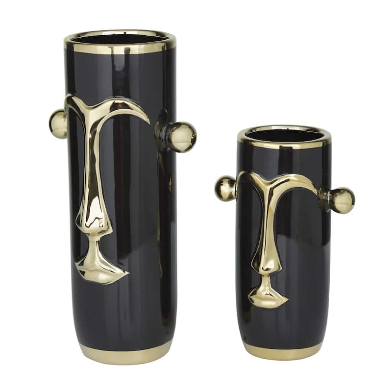 Ceramic Face Decorative Vase with Gold Details - Set of 2 Black or White - Roche River Decor - Black - 16", 11"H