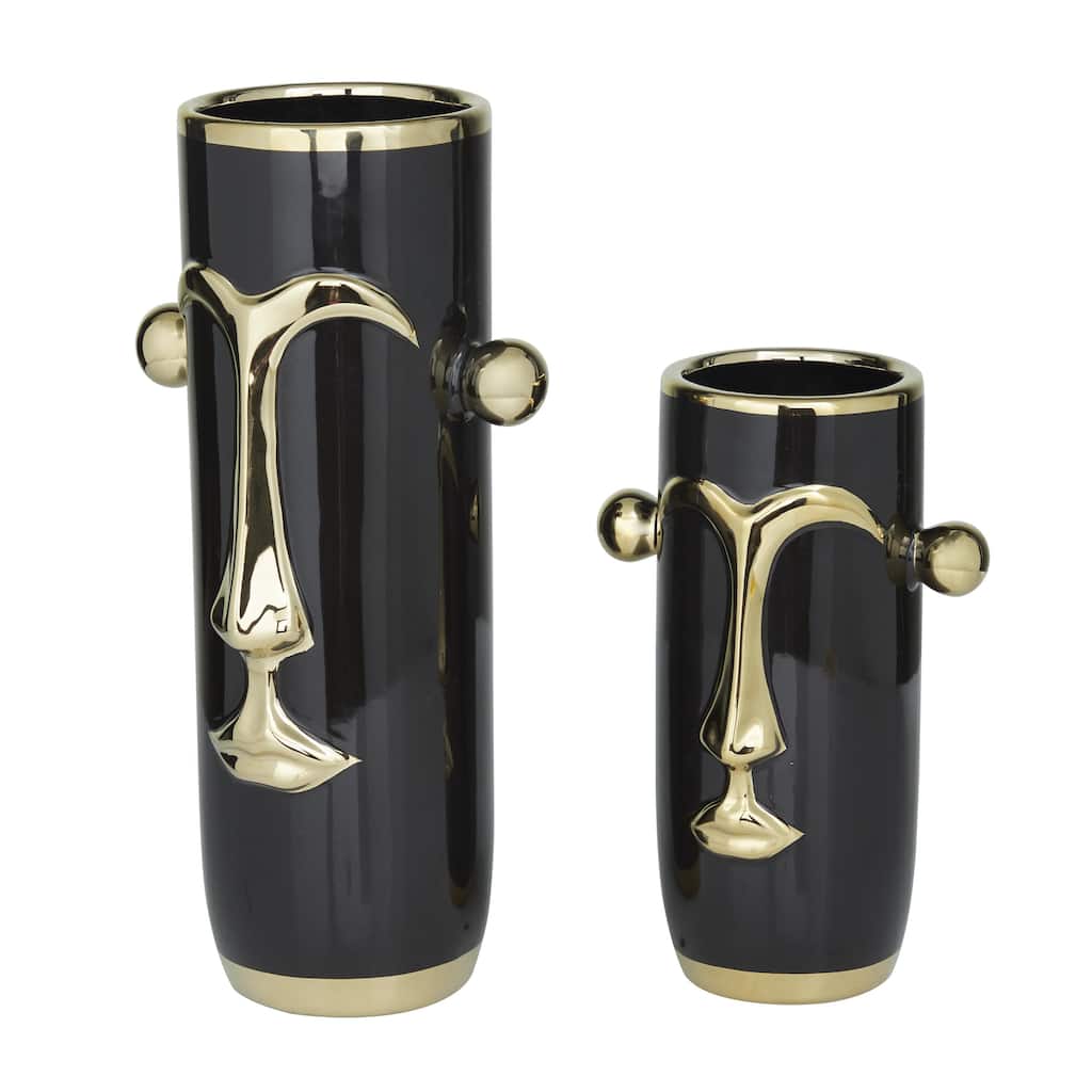 Ceramic Face Decorative Vase with Gold Details - Set of 2 Black or White - Roche River Decor
