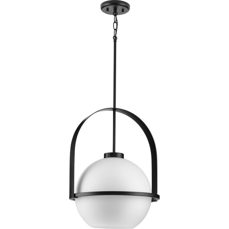 Delayne Collection One-Light Mid-Century Modern Matte Black Etched Opal Glass Pendant Light - 16.12 in x 16.12 in x 21.62 in