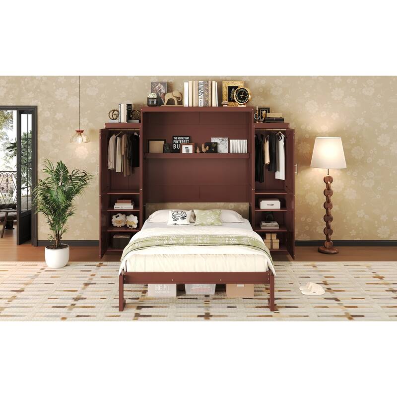 Queen Size Foldable Wall Bed with Wardrobes and Storage Shelf, Multifunctional Space-Saving Platform Bedframe in Walnut Finish
