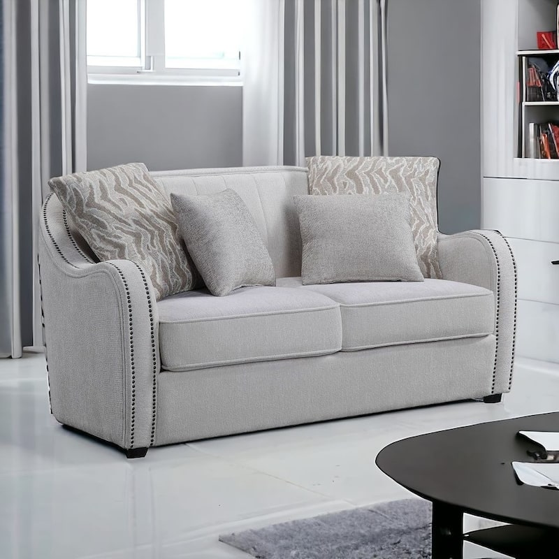 HomeRoots 63" Beige And Black Linen Curved Loveseat and Toss Pillows - Beige