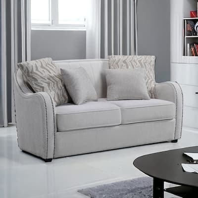 HomeRoots 63" Beige And Black Linen Curved Loveseat and Toss Pillows
