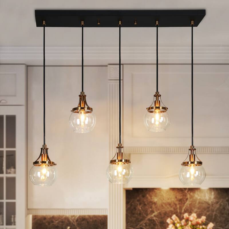 Beta Modern 5-Light Linear Glass Chandelier Black Gold Kitchen Island Pendant Light - L 31.5" x W 4.9" x H 8"