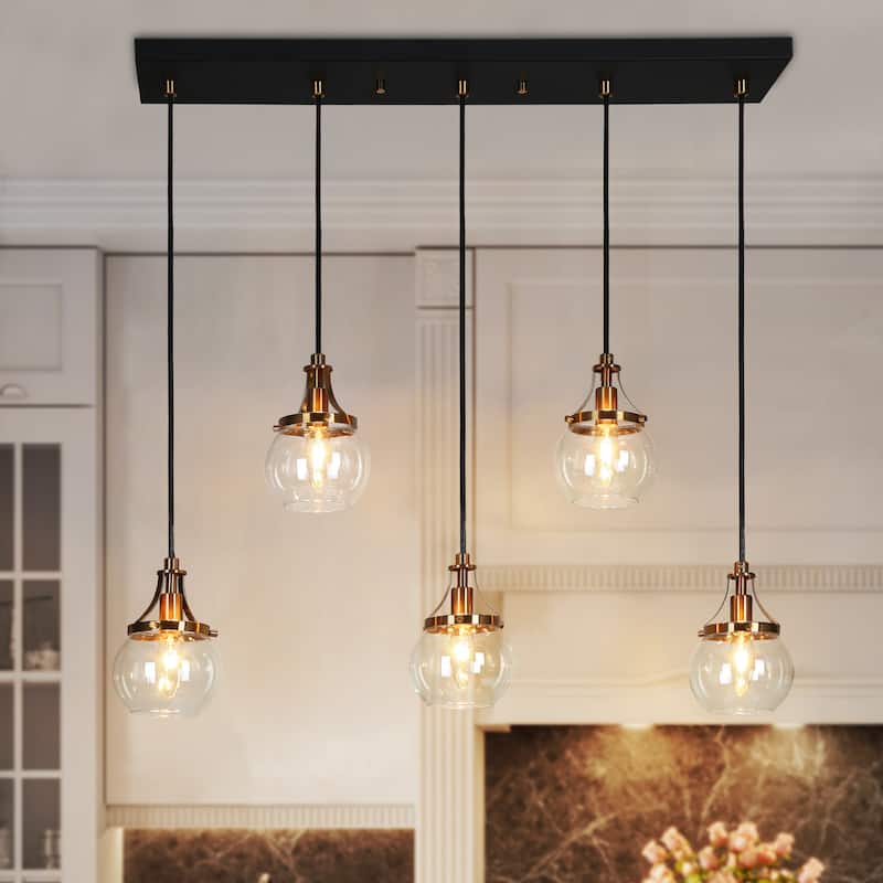 Beta Modern 5-Light Linear Glass Chandelier Black Gold Pendant for Dining Room Island - L 31.5" x W 4.9" x H 8"