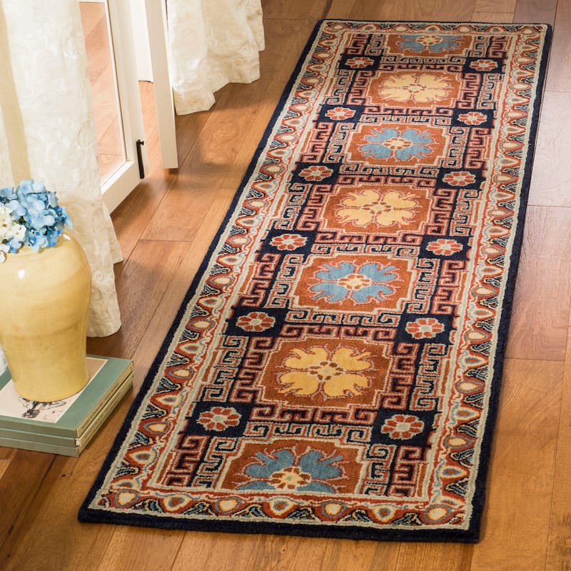SAFAVIEH Handmade Heritage French Painted Avignon Traditional Oriental Wool Rug - 2'3" x 8' Runner - Navy/Orange