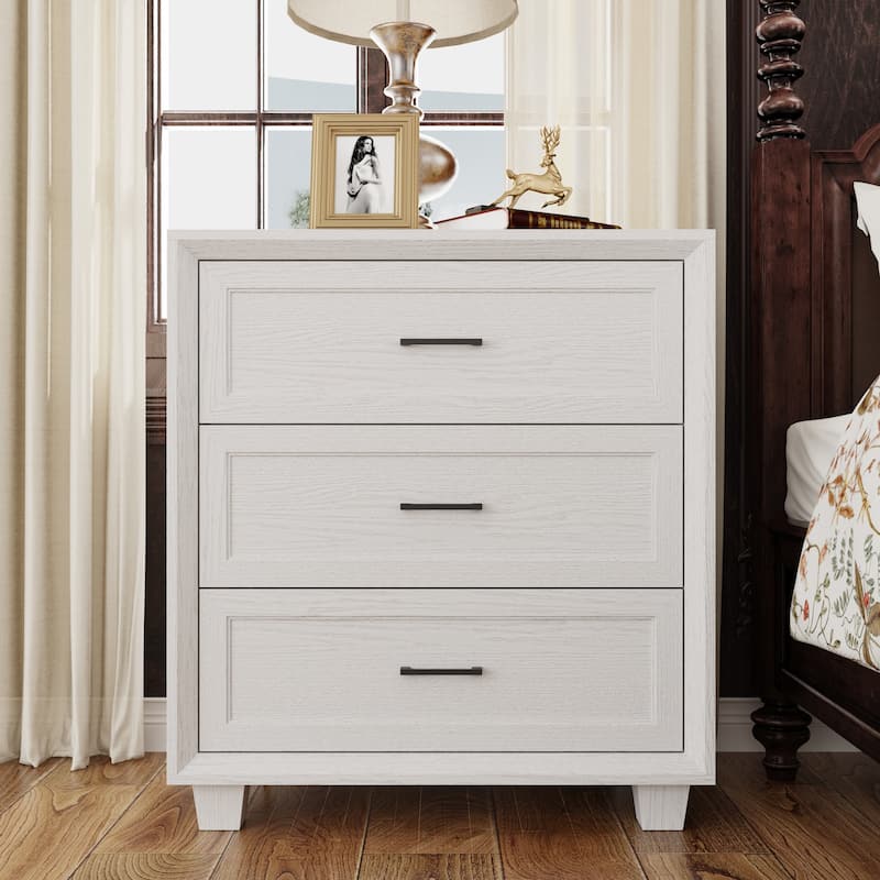 Wood - Grain 3 - Drawer Nightstand with Ample Storage Bedside Table Side Cabinet - White
