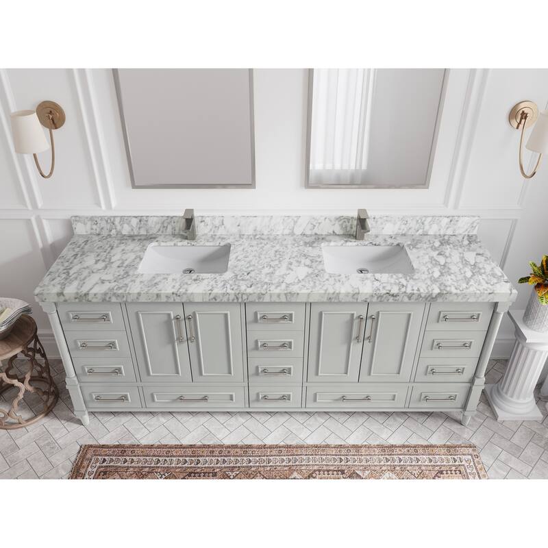 Willow Collections 84 in. W x 22 in. D Aberdeen Double Bowl Sink Bathroom Vanity with Countertop - 2" Carrara Marble - Coventry Gray