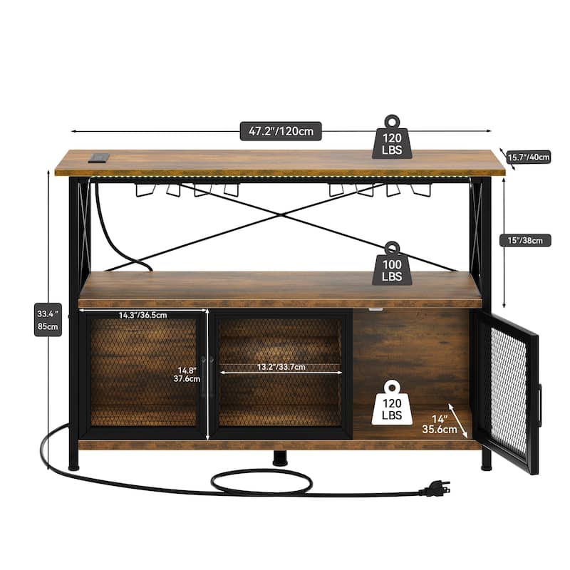 47" Wine Bar Cabinet with LED Lights Power Outlets Industrial Coffee Bar Cabinet - 47.2"L x 15.7"W x 33.4"H