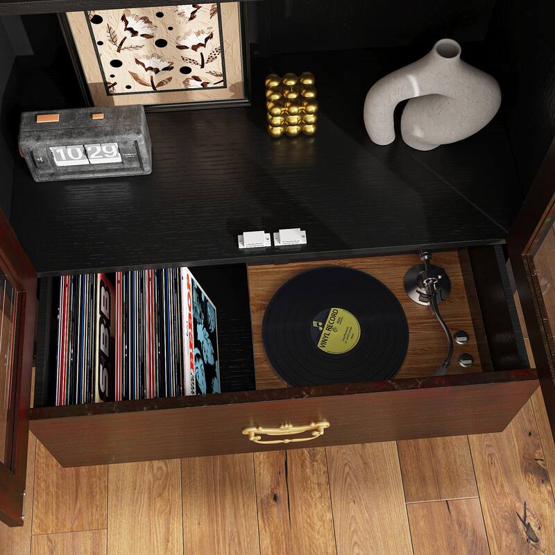 Boho Wood & MDF Display Cabinet with Tempered Glass Doors, Carved Arch Frame & Metal Handle Drawer