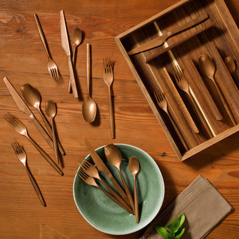 Bloomhouse 20 Piece Flatware 18/10 Stainless Steel Silverware Cutlery Utensil Set With Acacia Wood Caddy - Service for 4