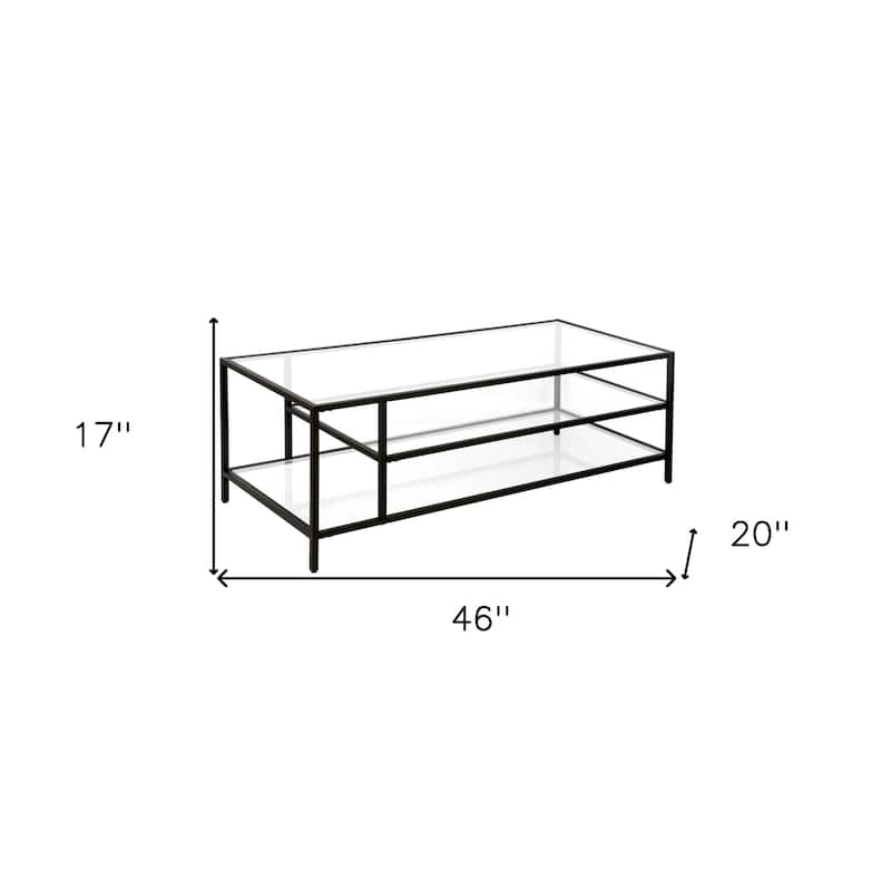 46 Inch Glass and Steel Coffee Table with Two Storage Shelves - 46” x 20” x 17”