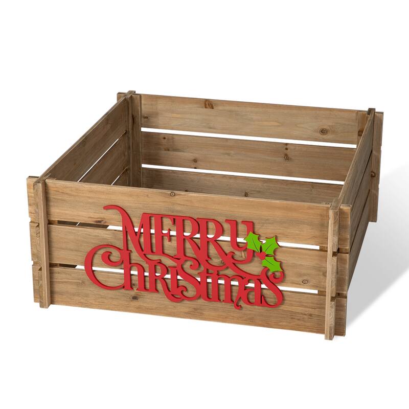 Glitzhome MERRY CHRISTMAS Solid Wood Crate Xmas Tree Collar - 27"L Brown
