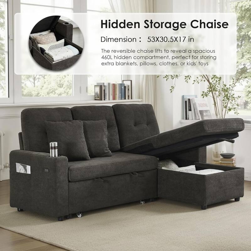 Reversible Sectional Sofa Couch,Sleeper Sofa Bed with Storage Chaise Pull Out Couch for Living Room,USB Charge,Cup Holder