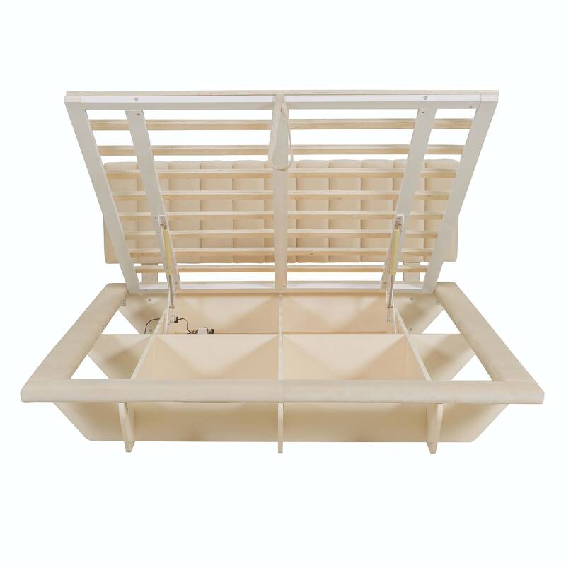 Queen Size Upholstered Floating Bed with LED Light and USB Port