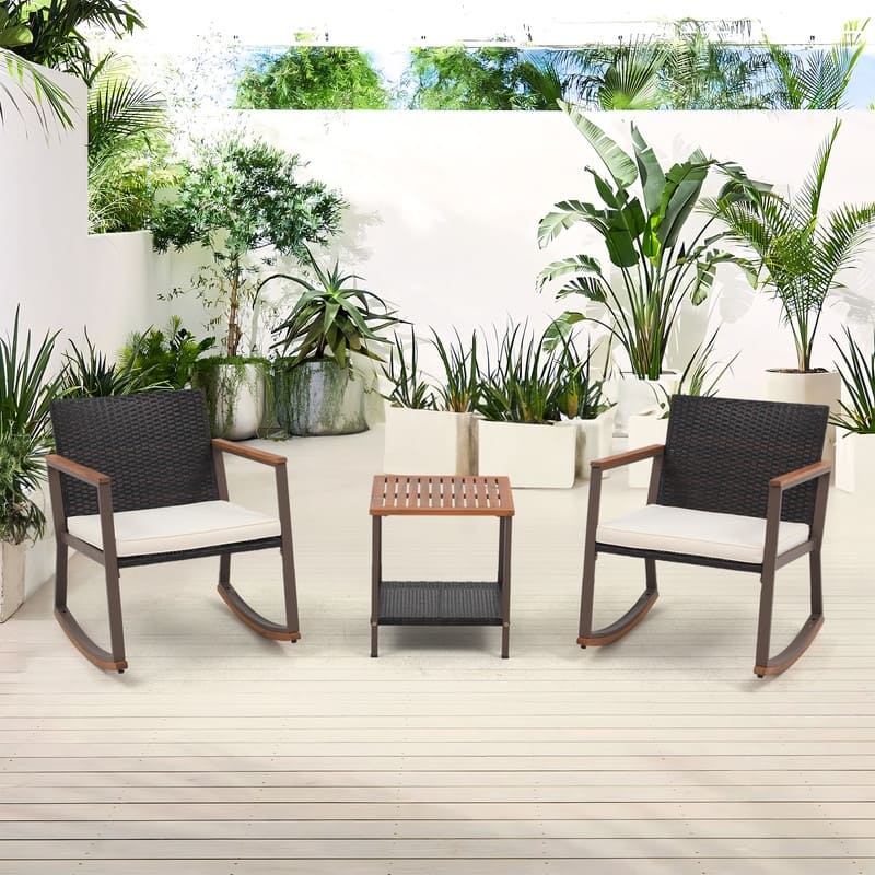 Rocking Bistro Set 3pc-PE Wicker & Wood,Outdoor Patio Furniture