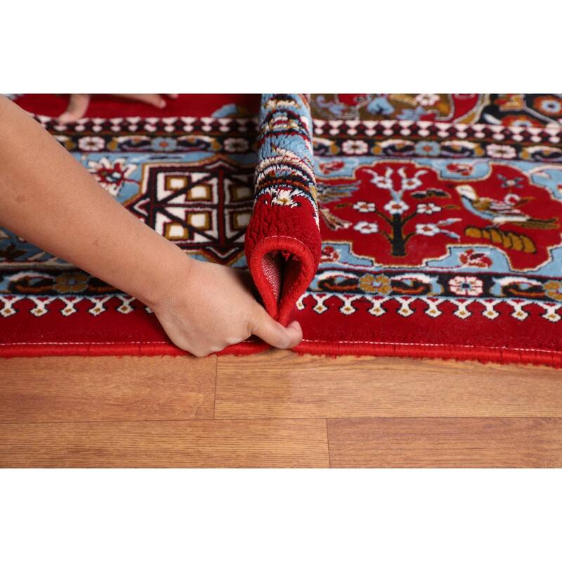 Animals Red Pictorial Kashan Turkish Area Rug Machine Made Carpet - 9'7" x 13'1"