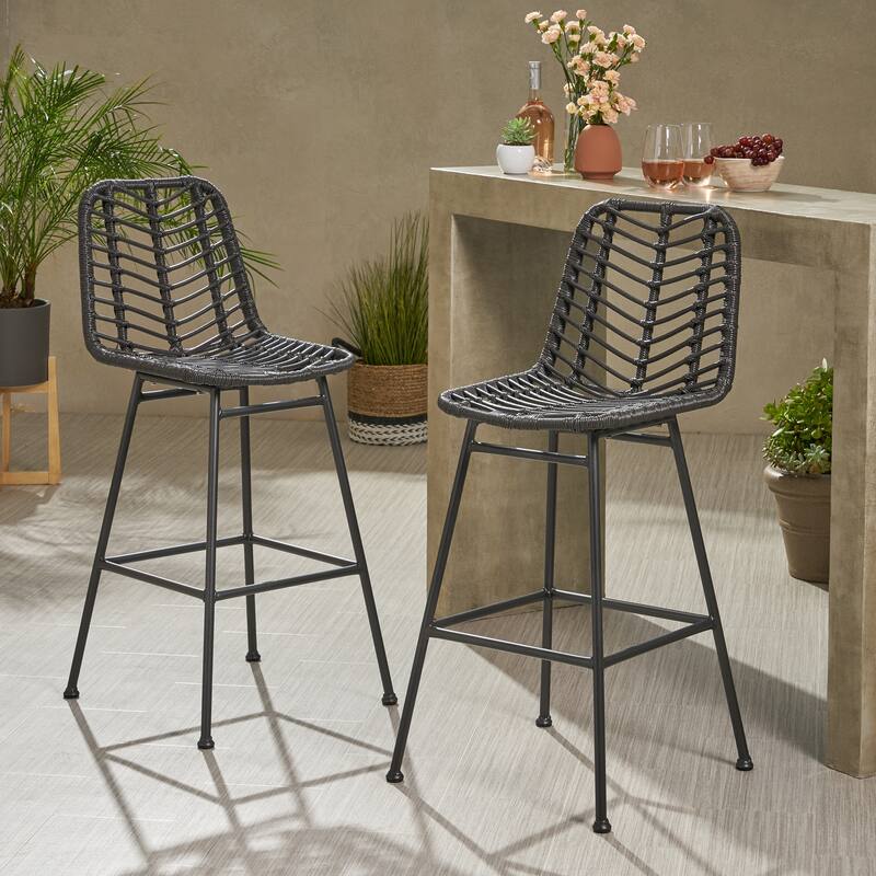 Sawtelle Outdoor Wicker Barstools (Set of 2) by Christopher Knight Home - Gray+Black