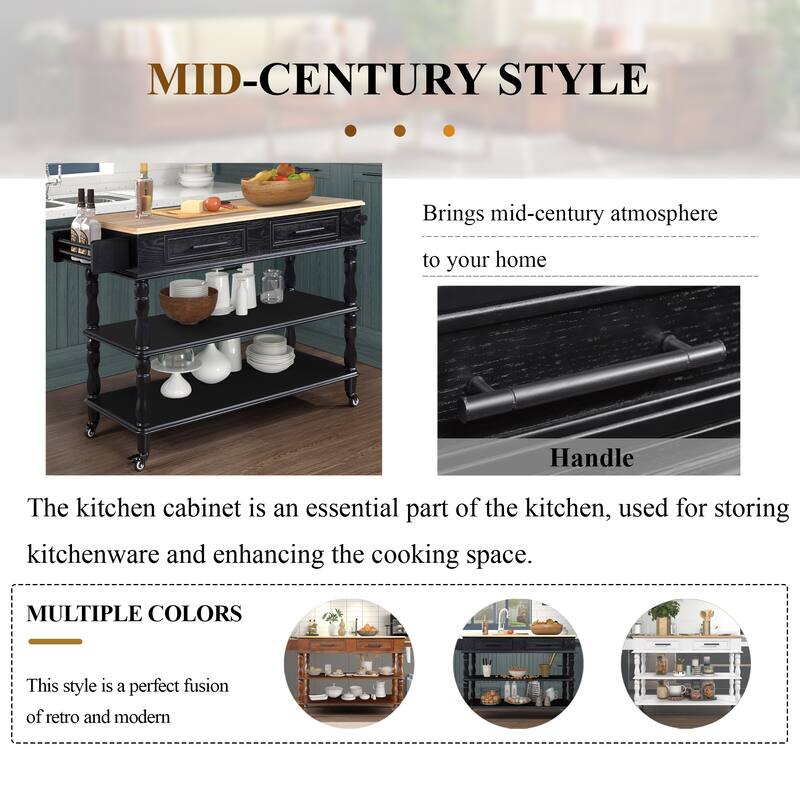 Open 2-sided Kitchen Island on Wheels with OAK Wood Top, Portable Rolling Kitchen Cart with Towel Rack and Spice Rack, Black