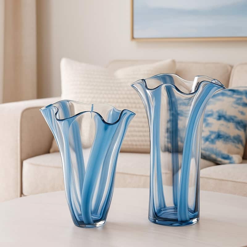 Blue Striped Handblown Glass Set of Two Scalloped Edge Vases