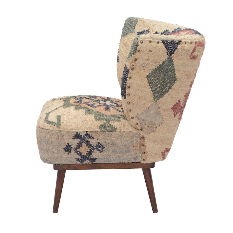 HomeRoots 26" Beige Blue and Red Jute Southwestern Wingback Chair - 26' X '30' X '30