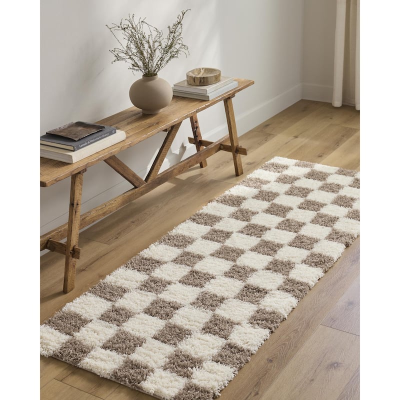 Livabliss Sibari Modern Checkered Plush Area Rug - 7' 10" x 10' 2" - Cream/Brown - Rectangle