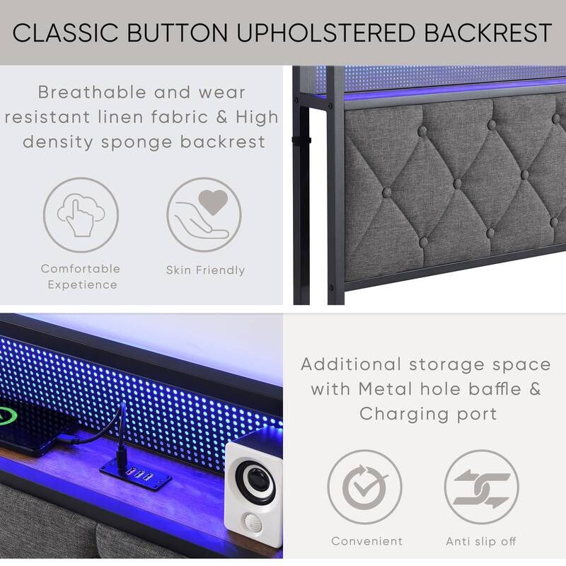 King Size Upholstered Platform Bed with Charging Station and LED Light