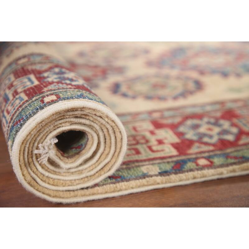 Hand Knotted Oriental 100% Wool Carpet Traditional Geometric Beige & Ivories Kazak Runner Rug - 8' 5'' X 2' 9''
