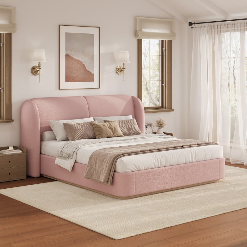 Christopher Knight Home - Valerian Boucle Upholstered Platform Bed with Double-Pillow Headboard - Pink - Queen
