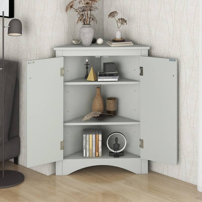 Triangle Bathroom Freestanding Storage Cabinet with Adjustable Shelves - Grey 