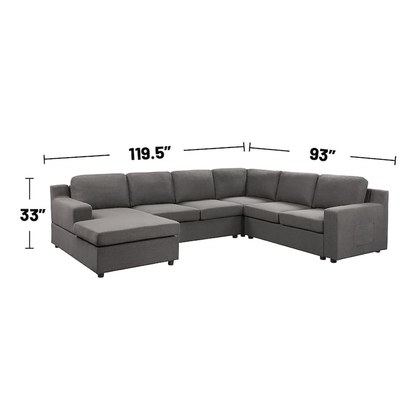 Linen 6-Seater U-Shape Sectional Sofa Chaise and Pocket in Gray