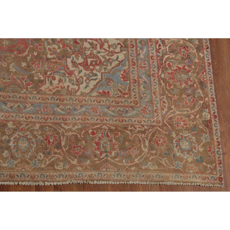 Distressed Mashad Persian Vintage Rug Hand-Knotted Floral Wool Carpet - 8'10"x 13'10"