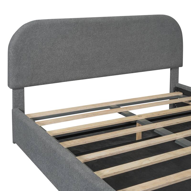 Grounded Bed Upholstered Platform Bed Storage Bed with Curved Headboard and Hydraulic Storage System Under Bed, Teddy Fleece
