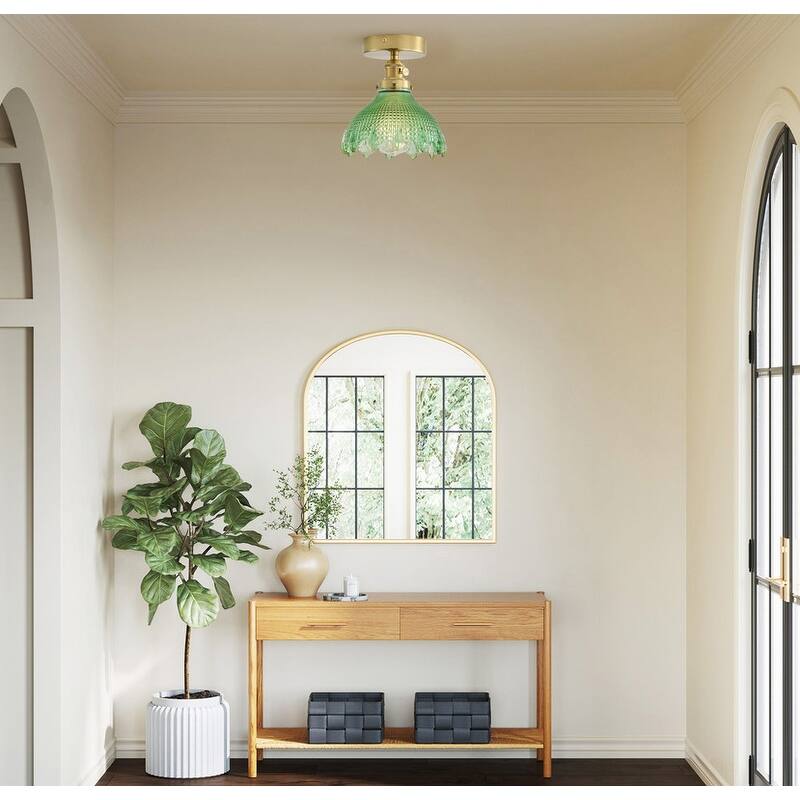 Vintage Green Glass 1-Light Semi Flush Mount Ceiling Light with Brass Finish