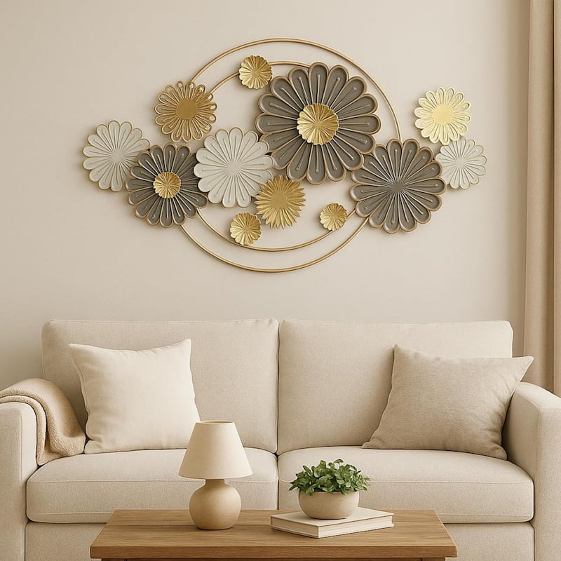 Gold Neutral Horizontal Floral Metal Wall Art 47x24 Oversized Decor