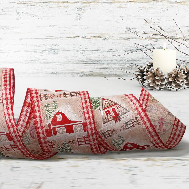 4" X10y Barn House Scene On Check Ribbon