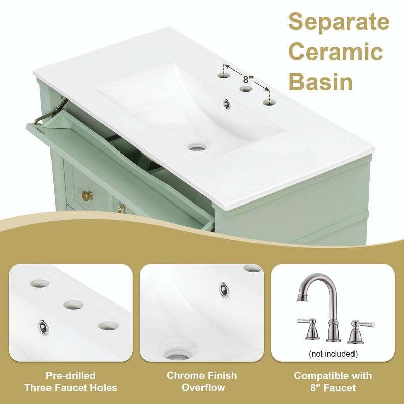 36" Bathroom Vanity with Sink, Freestanding Bathroom Cabinet with Ceramic Basin, Flip Drawer