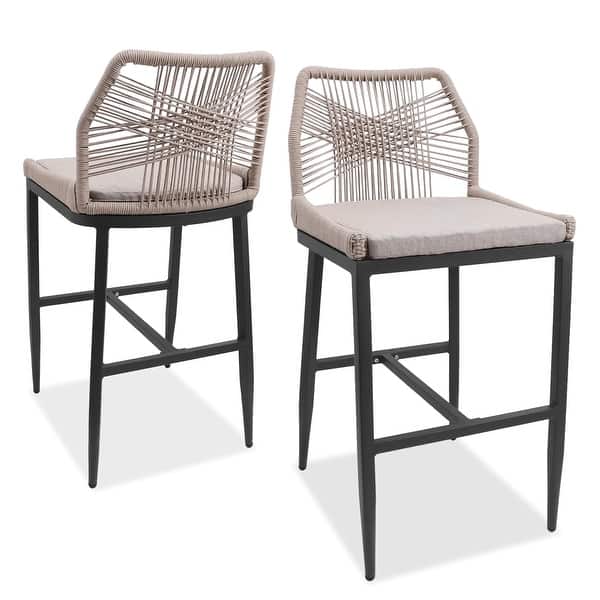 slide 2 of 10, Rattan Height Bar Stools with Back and Cushions Set of 2 Grey