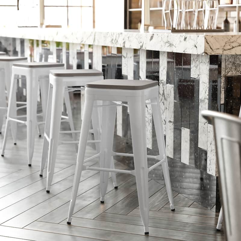 Indoor/Outdoor Backless Bar Stool with Poly Resin Seat - White/Grey