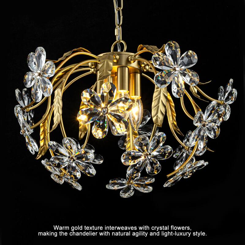 Brushed Gold 4-Light Branch Chandelier with Crystal Floral Accents - Dia.17.72-in