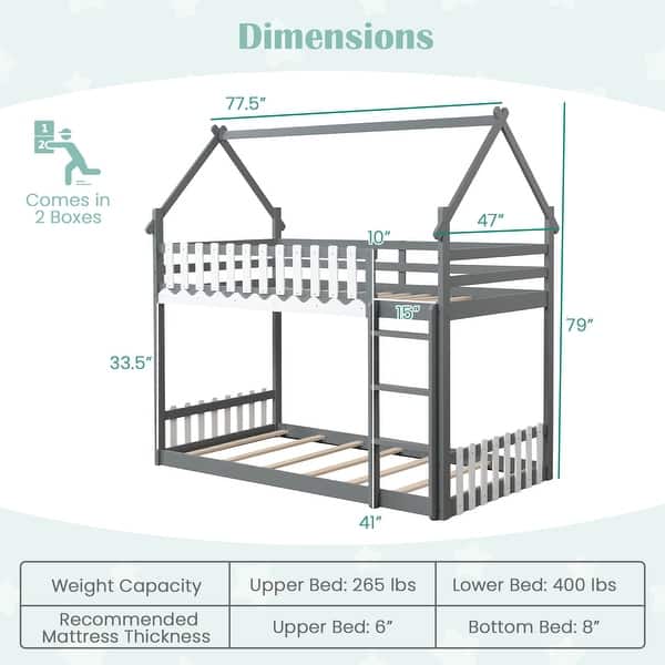 dimension image slide 0 of 3, Twin Over Twin Bunk Bed with Fence and Ladder for Kids
