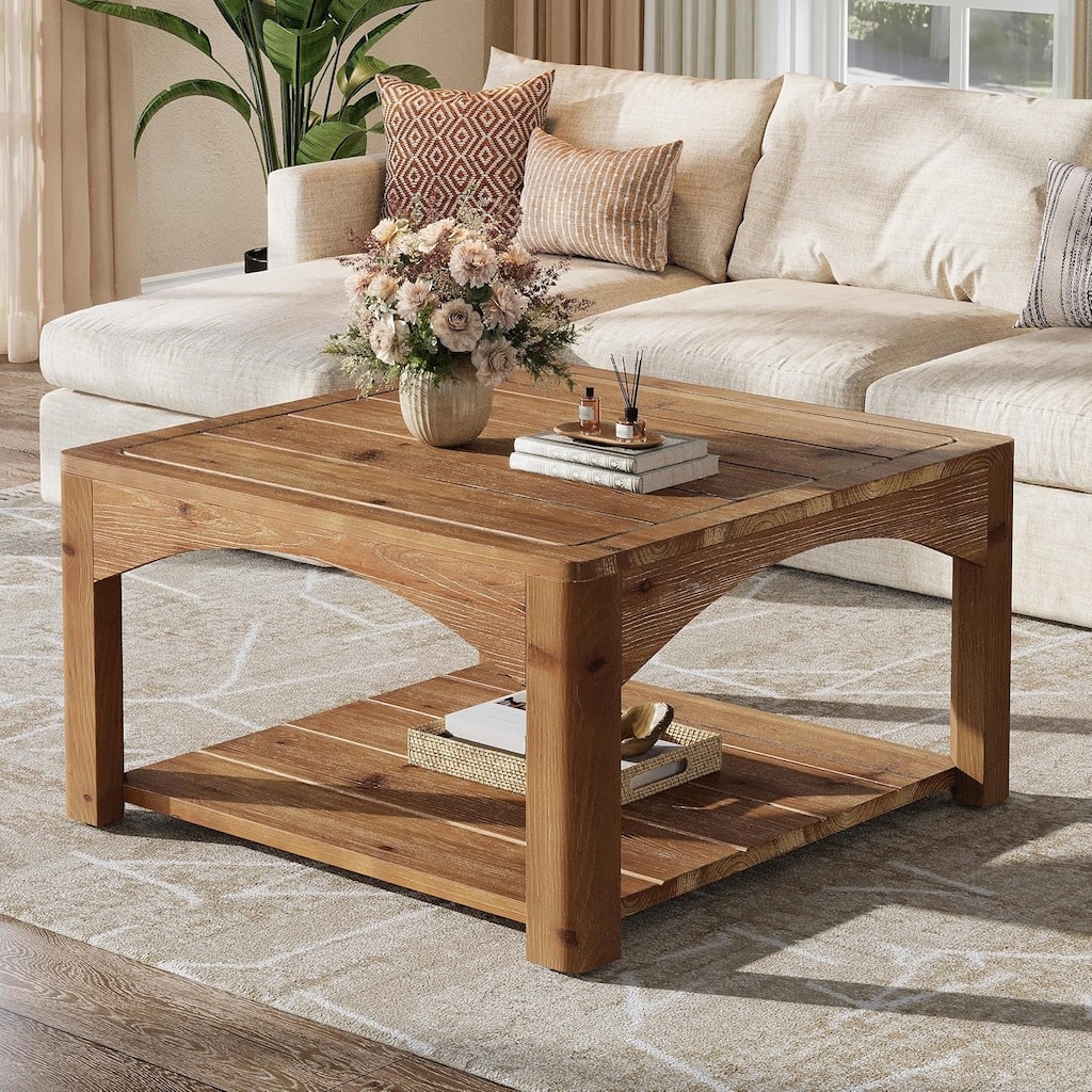 Solid Wood Coffee Table, 31.5-Inch Square Coffee Table for Living Room, 2-Tier Center Table