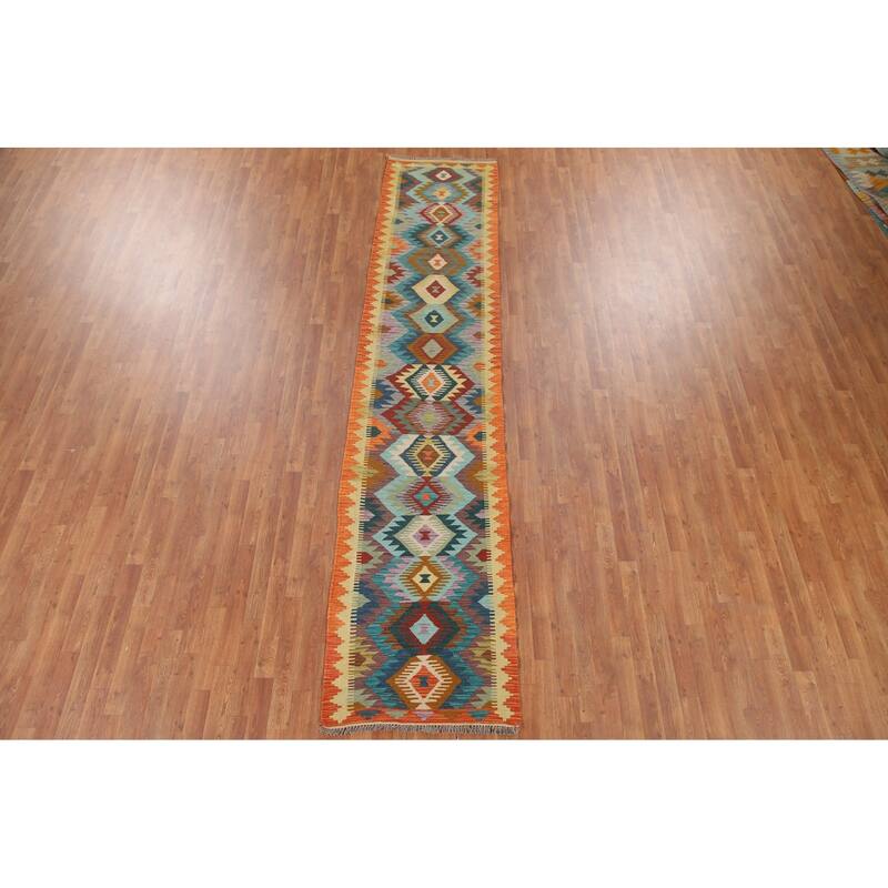 Hand Woven Oriental 100% Wool Carpet Southwestern Geometric Multi-Colored Kilim Runner Rug - 12' 6'' X 2' 7''