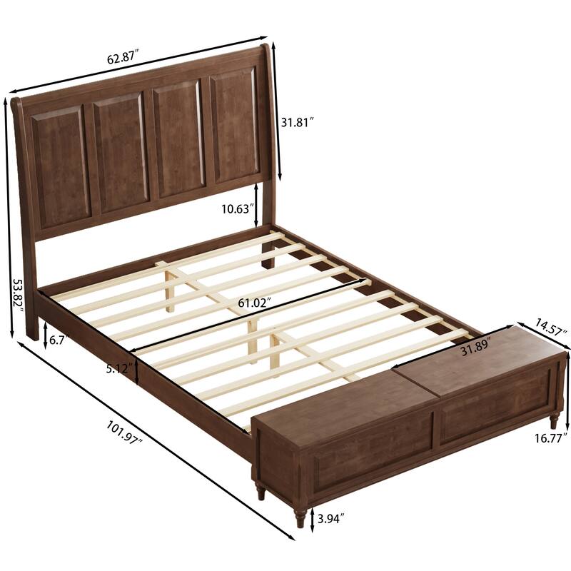GDFStudio - Traditional Solid Wood Sleigh Bed Frame with High Paneled Headboard & Storage Chest Bench, No Box Spring Needed